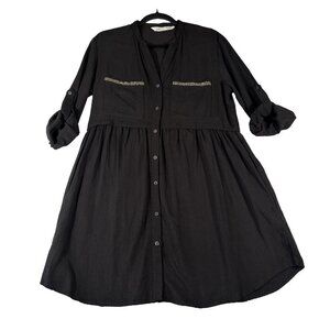 Zara Denim Black Shirt Dress Button Down Roll Tab Sleeve Embellished Pockets S